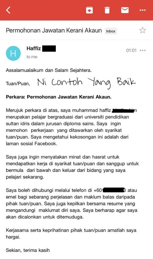 contoh cover letter bahasa melayu melalui email