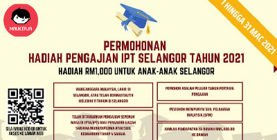 [DIBUKA] Permohonan Bantuan Hadiah IPT Selangor RM1,000 Untuk Pelajar Awam Dan Swasta 2021